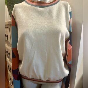 Fate Sweater Ivory with Colorful Geometric Sleeves Festive Fun Cozy